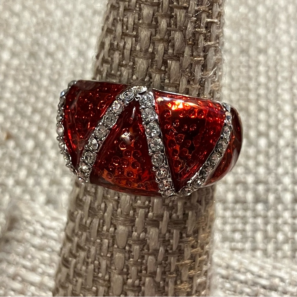 Camille Lucie Red Chevron Zigzag Rhinestone Statement Cocktail Ring Silver Tone